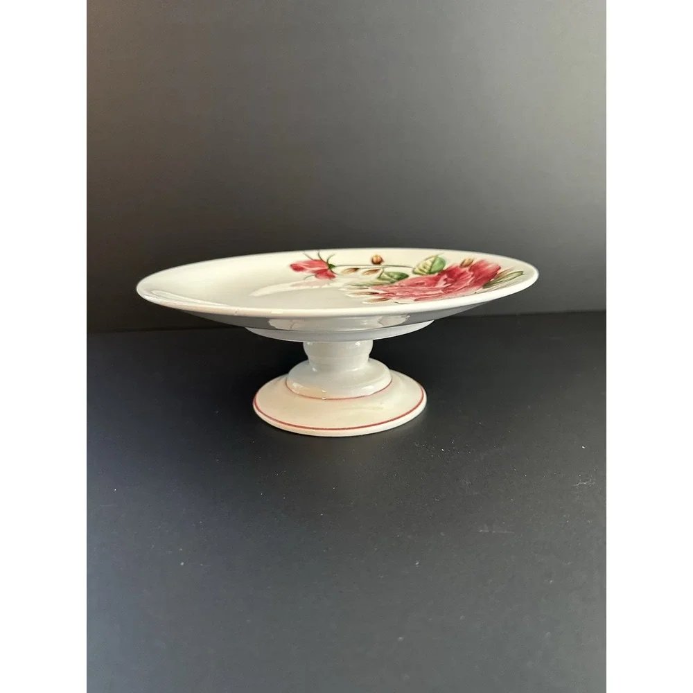 Vintage Americana By Lefton Pedestal Cake Plate Stand Pink Roses Cottagecore